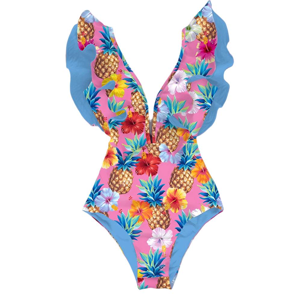 Women's Ruffle Sleeve Deep-V Bathing Suit - VacationGrabs