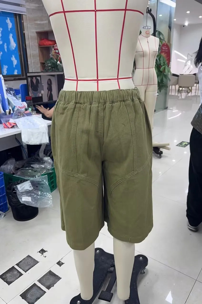 VacationGrabs Cargo Bermuda Shorts Women Drawstring Elastic Waist Multi Pocket Loose Wide Leg Jort Y2K Street Casual Capri Bottoms
