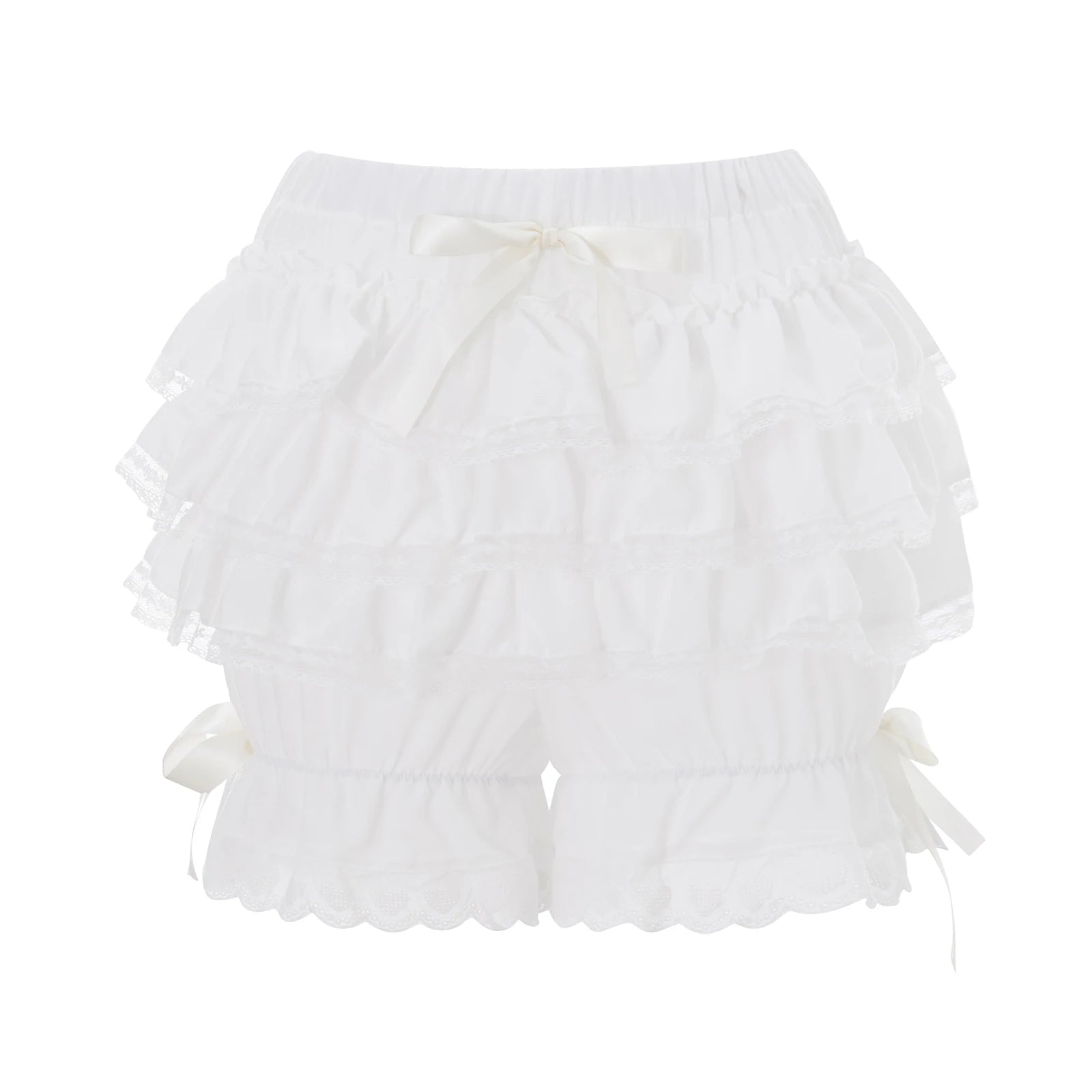 VacationGrabs Fairycore Heart Eyelet Lace Ruffle Shorts Women Multi Tier Frill Bow Decor Elastic Waist Harajuku Girls Daily Bloomers