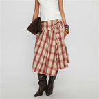 VacationGrabs Women Y2k Lace Up Ruffle Hem A Line Skirt Low Rise Plaid Midi Skirt Vintage Tie Up Gingham Tiered Skirt Streetwear