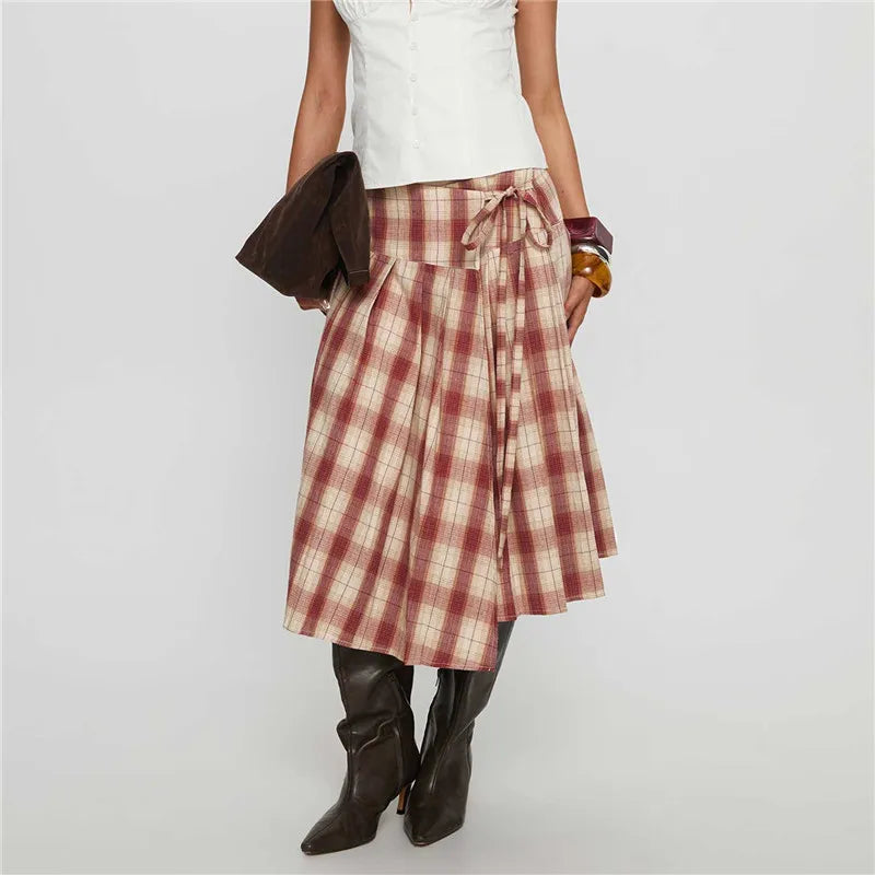 VacationGrabs Women Y2k Lace Up Ruffle Hem A Line Skirt Low Rise Plaid Midi Skirt Vintage Tie Up Gingham Tiered Skirt Streetwear
