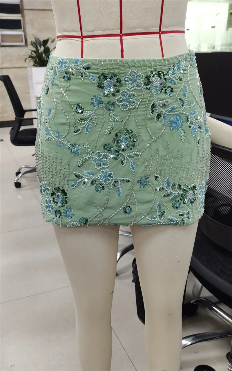 VacationGrabs Women Y2K Sequin Mini Skirt Low Waist Sparkle Beaded Short Skirt Glitter Shiny Bodycon Skirt Night Out Party