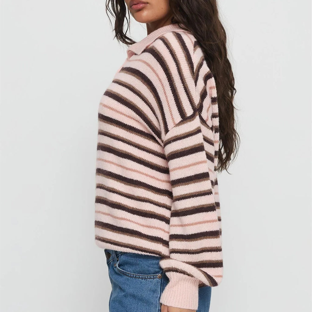VacationGrabs Women Y2K Striped Sweater Long Sleeve Color Block Lapel V Neck Knit Jumper Tops Winter Warm Oversized Sweater