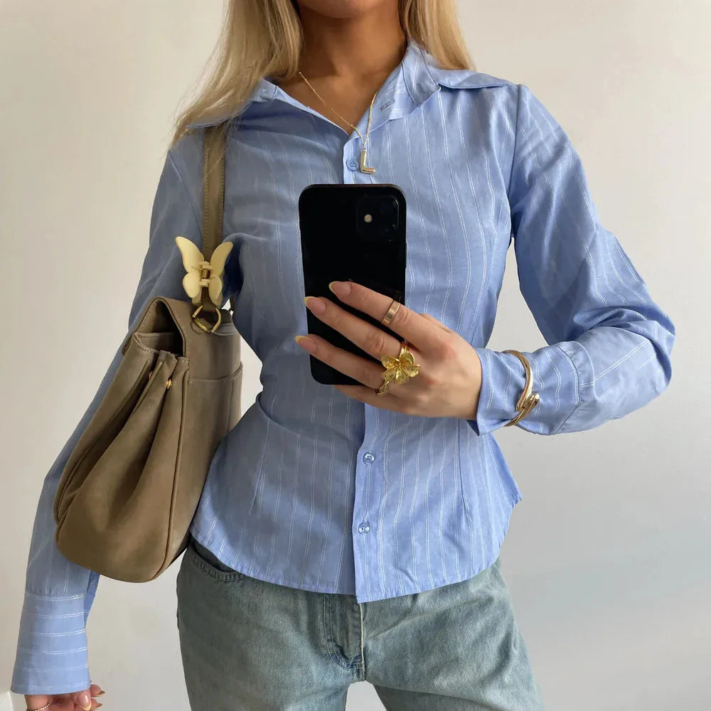 VacationGrabs Women Slim Fit Button Down Striped Shirt Long Sleeve Fitted Button Up Shirt Vintage Y2K Pinstripe Collared Blouse