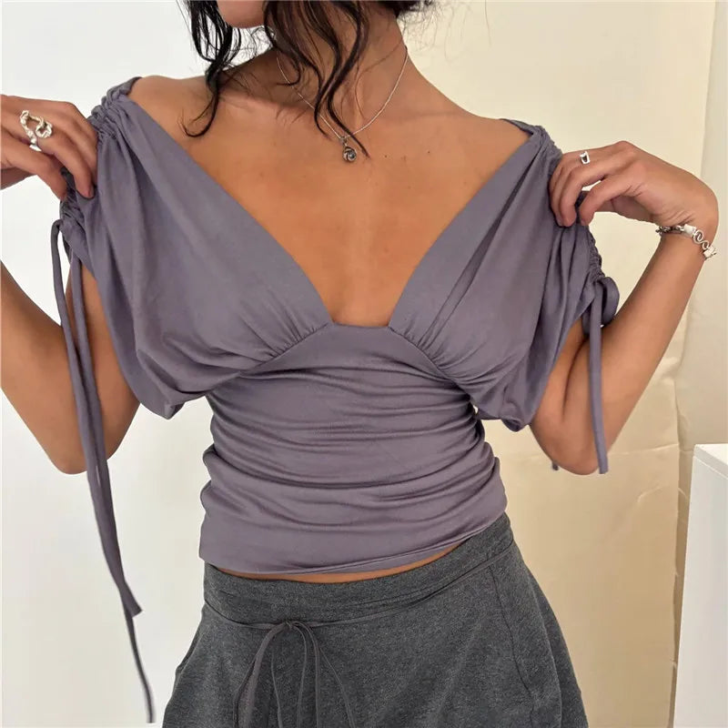 Women's V Neck Drawstring Ruched Short Sleeve Top Y2K Solid Slim Fit T-Shirt Elegant Backless Pleated Blouse Summer Streetwear