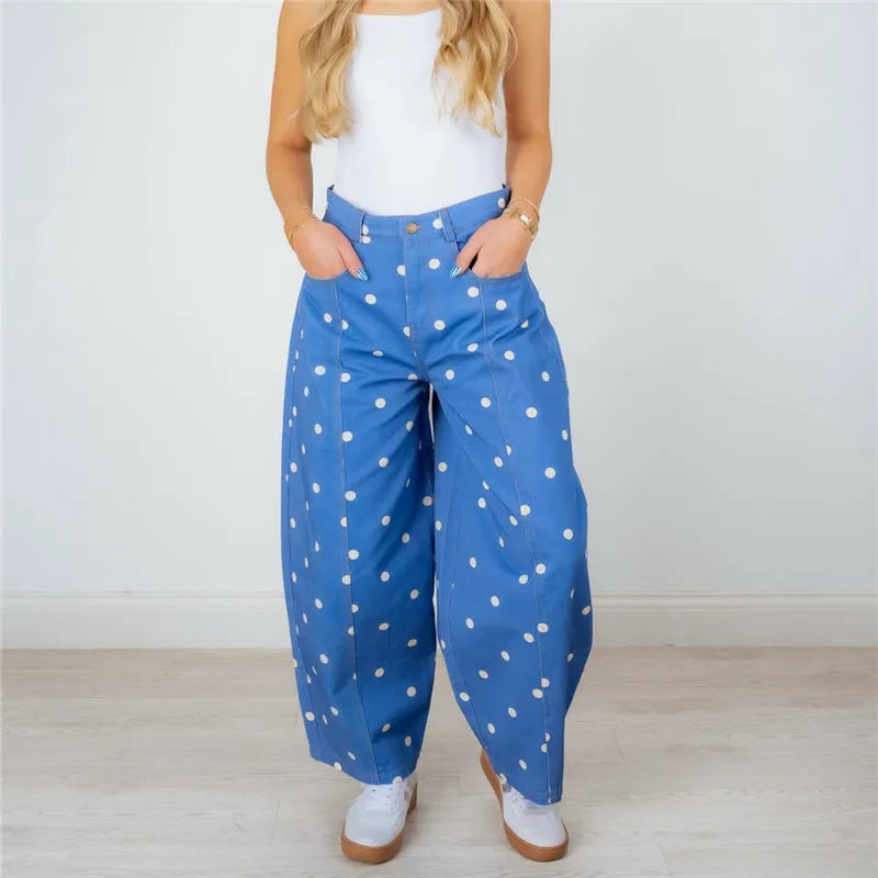 VacationGrabs Women High Waist Polka Dot Wide Leg Cropped Pants Seam Detail Loose Straight Leg Ankle Trousers Vintage CasualStreetwear