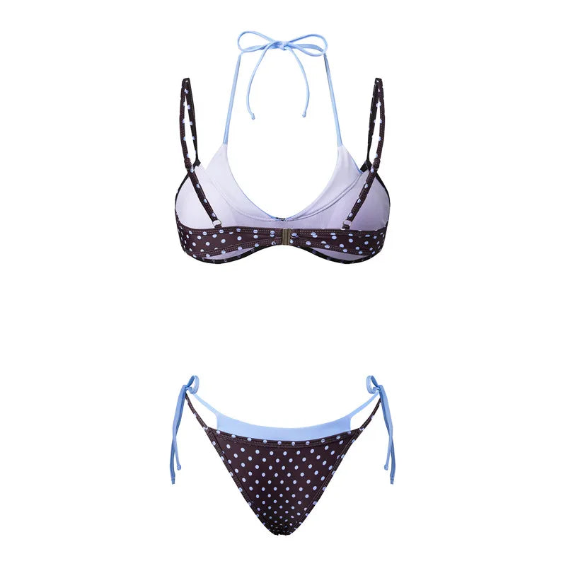 VacationGrabs Women's Double Layered Bikini Set Dot Print Halter Bra with Side Tie-up Low Waist Shorts 2 Pcs Swimsuit Beachwear