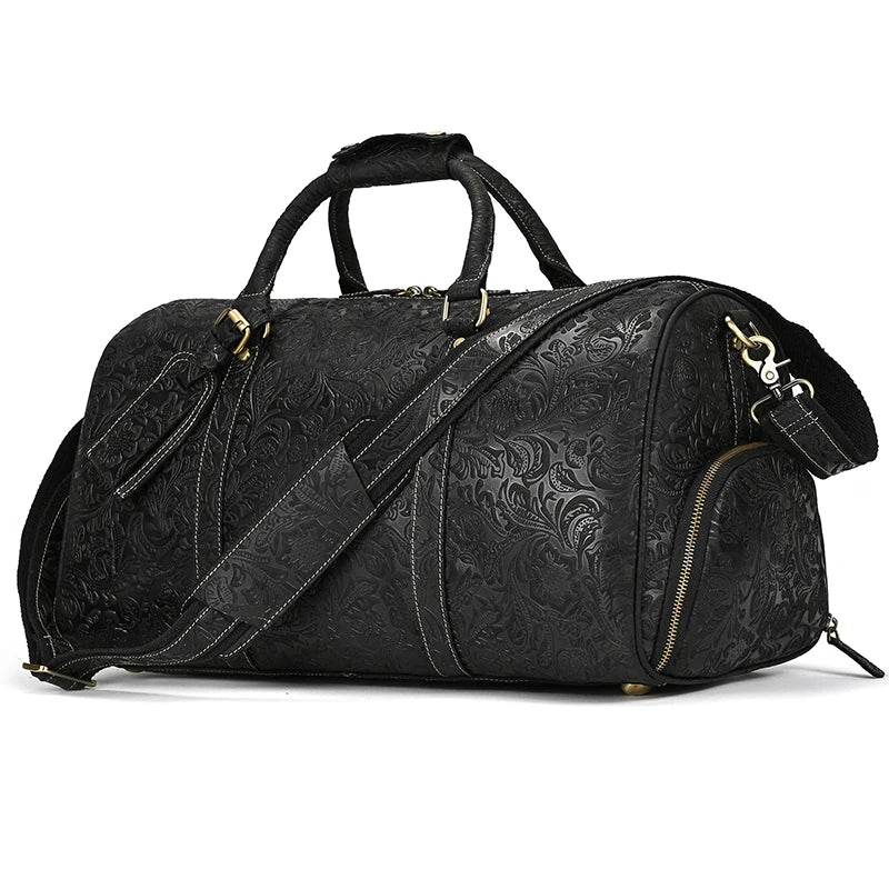 Genuine Cowhide Leather Travel Duffle Bag Men’s Weekend Bag Shoe Pocket - VacationGrabs