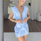 VacationGrabs Women Backless Deep V Twist Knot Bodycon Mini Dress Sleeveless Ruched Waist Cutout Slim Party Vacation Tight Dress