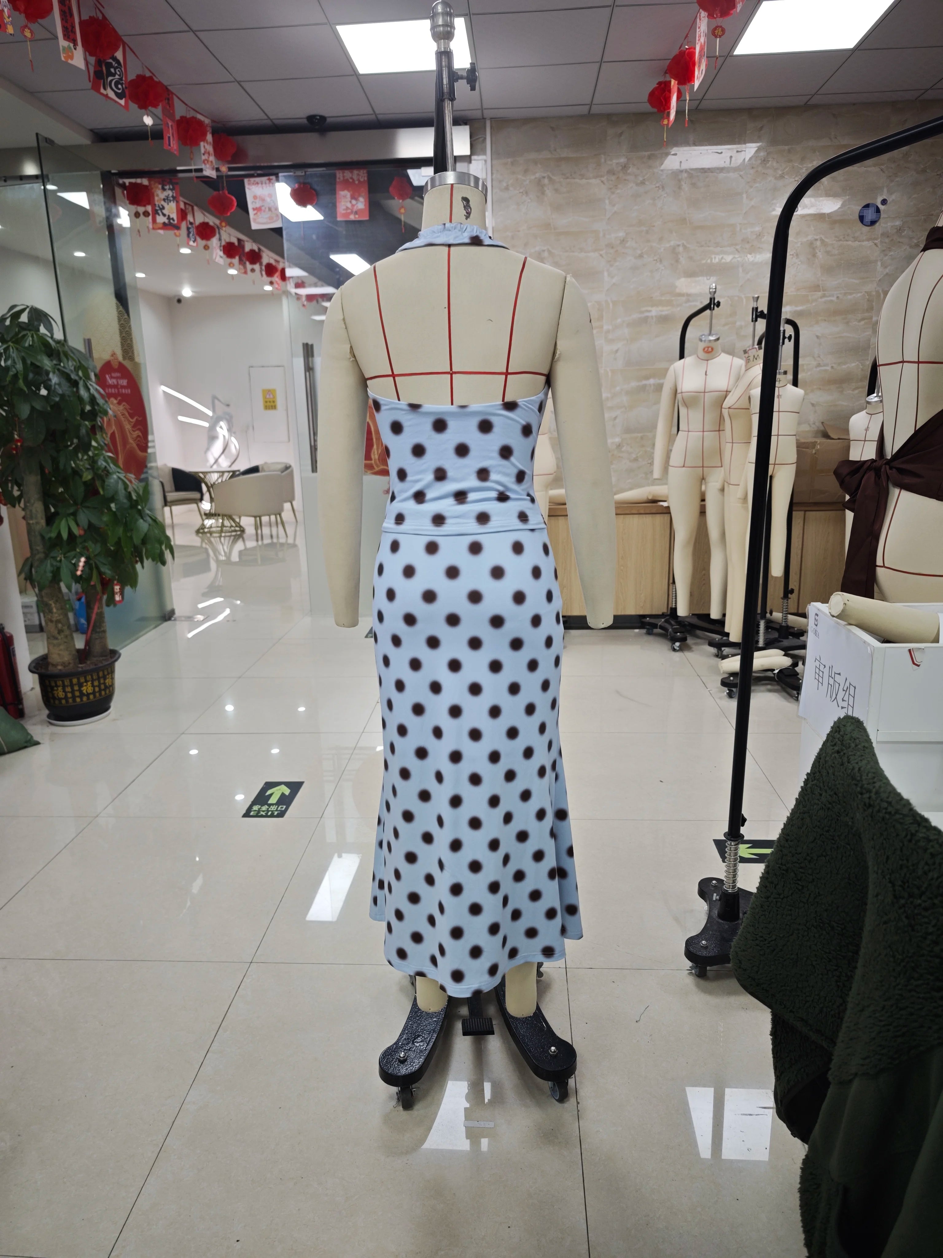 Coquette Blue Polka Dot 2 Piece Set Women Halter Crop Top + Midi Skirt Y2K Aesthetic Tie Front Sleeveless Backless Summer Outfit