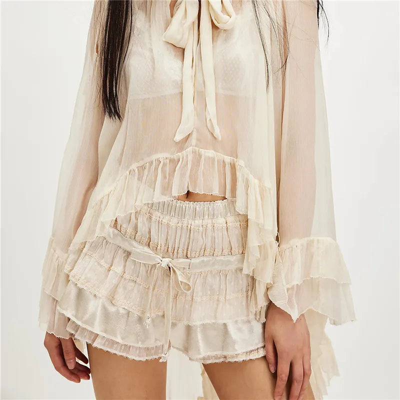 VacationGrabs Womens Layered Frilly Ruffle Micro Lolita Bloomers Y2k Low Rise Satin Shorts Lace Fluffy Boxer Mini Boyshorts Panties