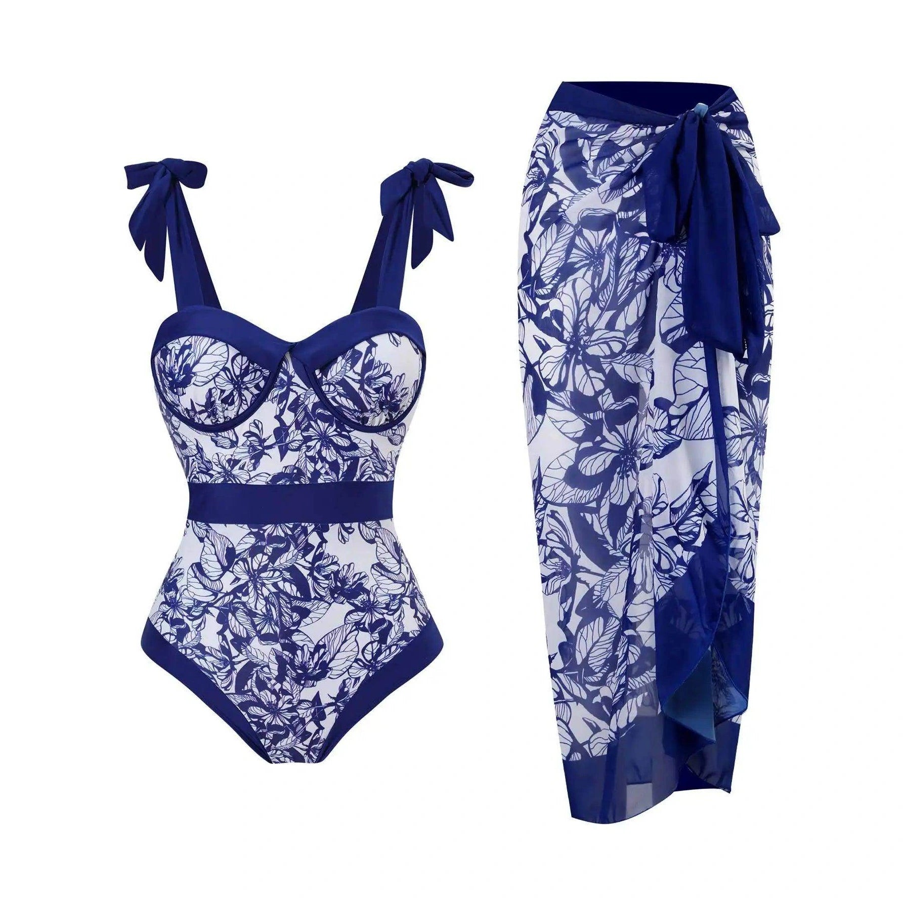 Tie-Shoulder Swimwear One-Piece and Wrap - VacationGrabs