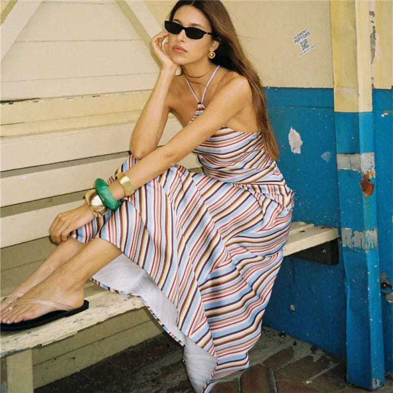 Women's striped sundress, lightweight fabric, perfect for summer outings and maxi dress.