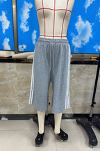 VacationGrabs Women Side Stripes Capri Sweatpants Drawstring Elastic Waist Loose Knee Length Casual Sports Cropped Jogger Pants