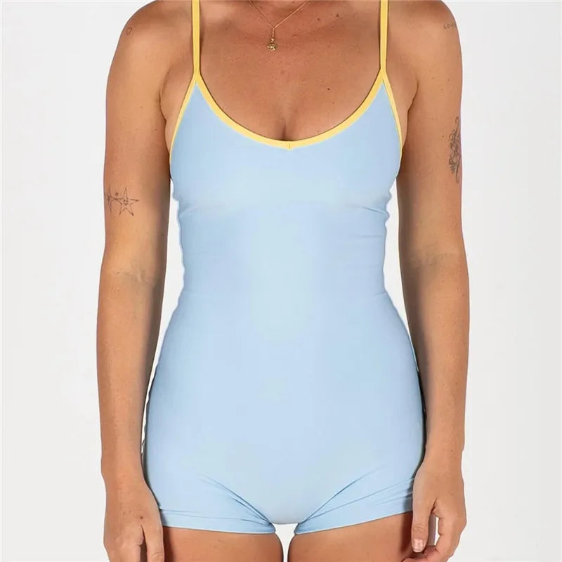 VacationGrabs Womens Monokini Swimsuit Tight Fitted Contrast Trim Scoop Neck Spaghetti Strap Open Back Bathing Suit Casual Swimwear