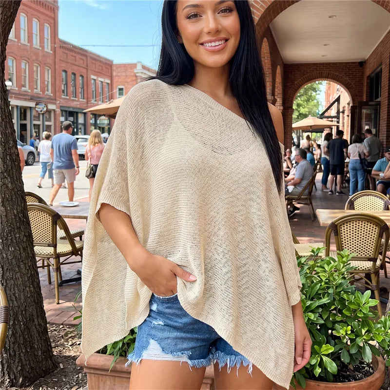 VacationGrabs Women Knit Poncho Top One Shoulder Asymmetric Irregular Hanky Hem Sheer See Through Batwing Cover Up Summer Beachwear