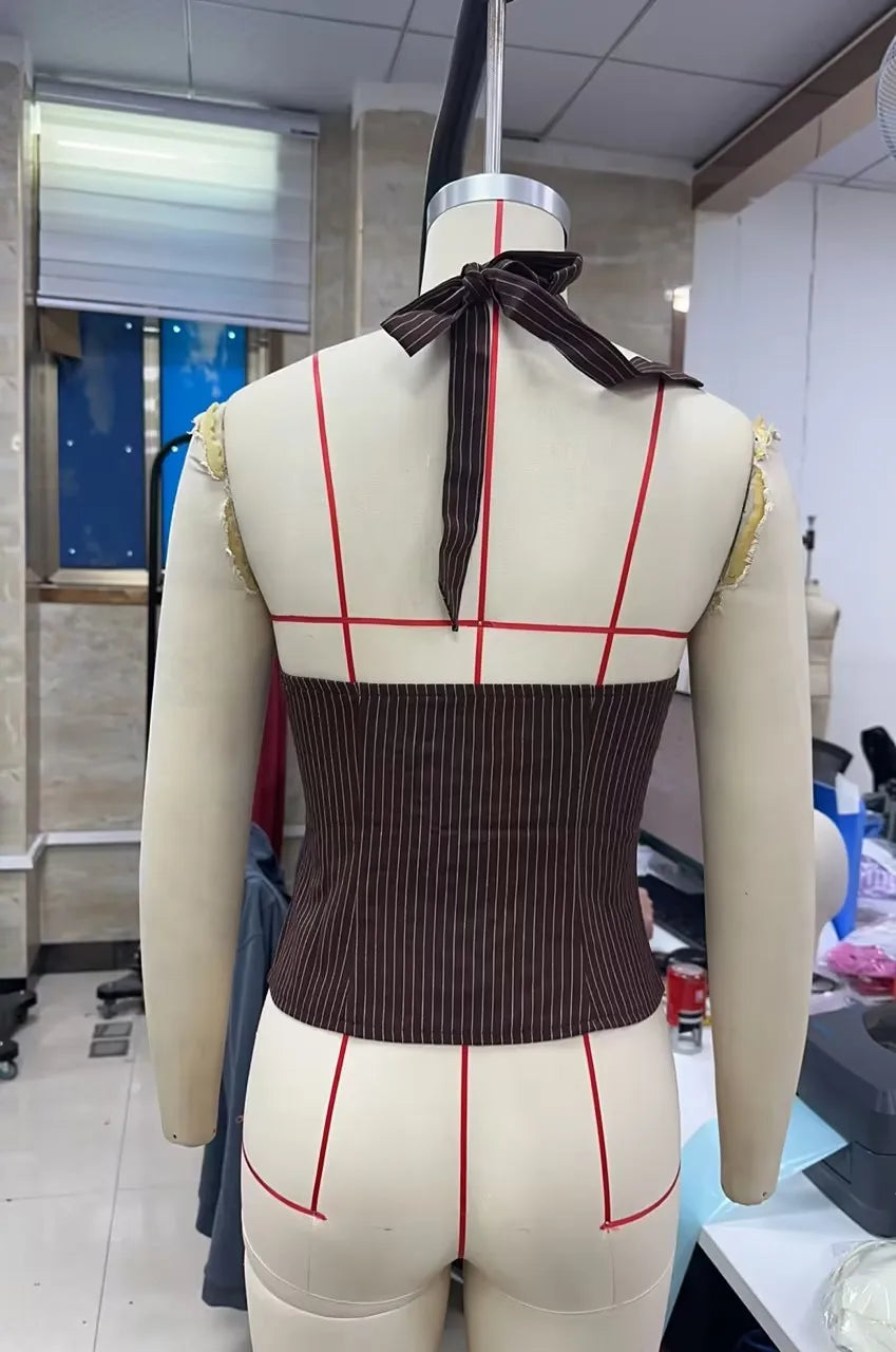VacationGrabs Retro Pinstripe Halter Neck Crop Top Women Deep V Tie Front Button Down Sleeveless Slim Fit Y2K Tank Vest Streetwear