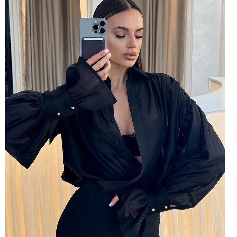 VacationGrabs Women Button Down Shirt Lightweight Loose Fit Casual Stylish Sheer Solid Color Turn Down Collar Lantern Long Sleeve Tops