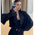 VacationGrabs Women Button Down Shirt Lightweight Loose Fit Casual Stylish Sheer Solid Color Turn Down Collar Lantern Long Sleeve Tops