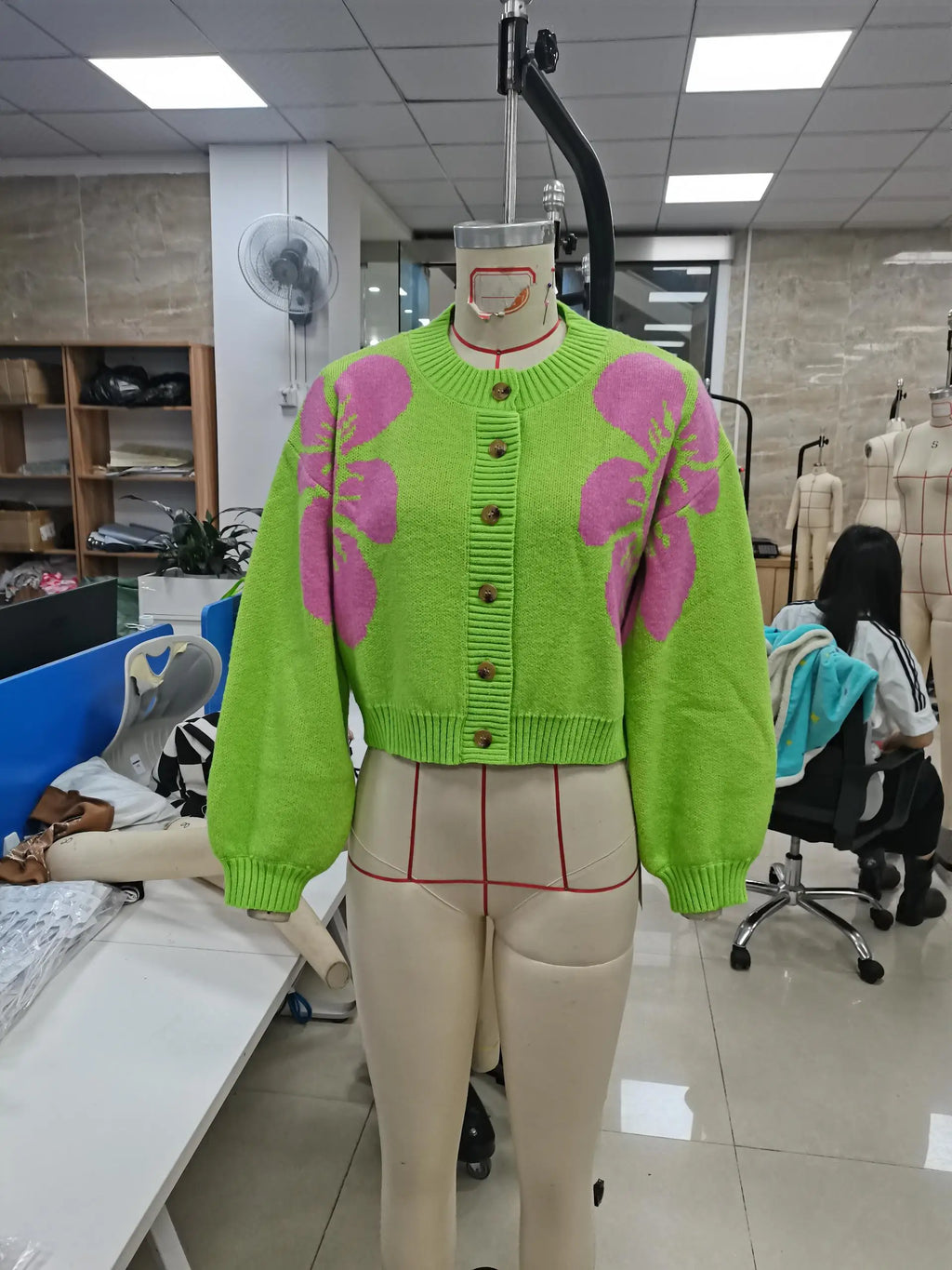 Women's Vintage Floral Knit Cardigan – Button-Up, Slim Fit