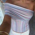 VacationGrabs Women Multicolor Striped Off-Shoulder Slim Fit Crop Top Summer Wrap Style Neckline Bandeau Backless Shirts Streetwear