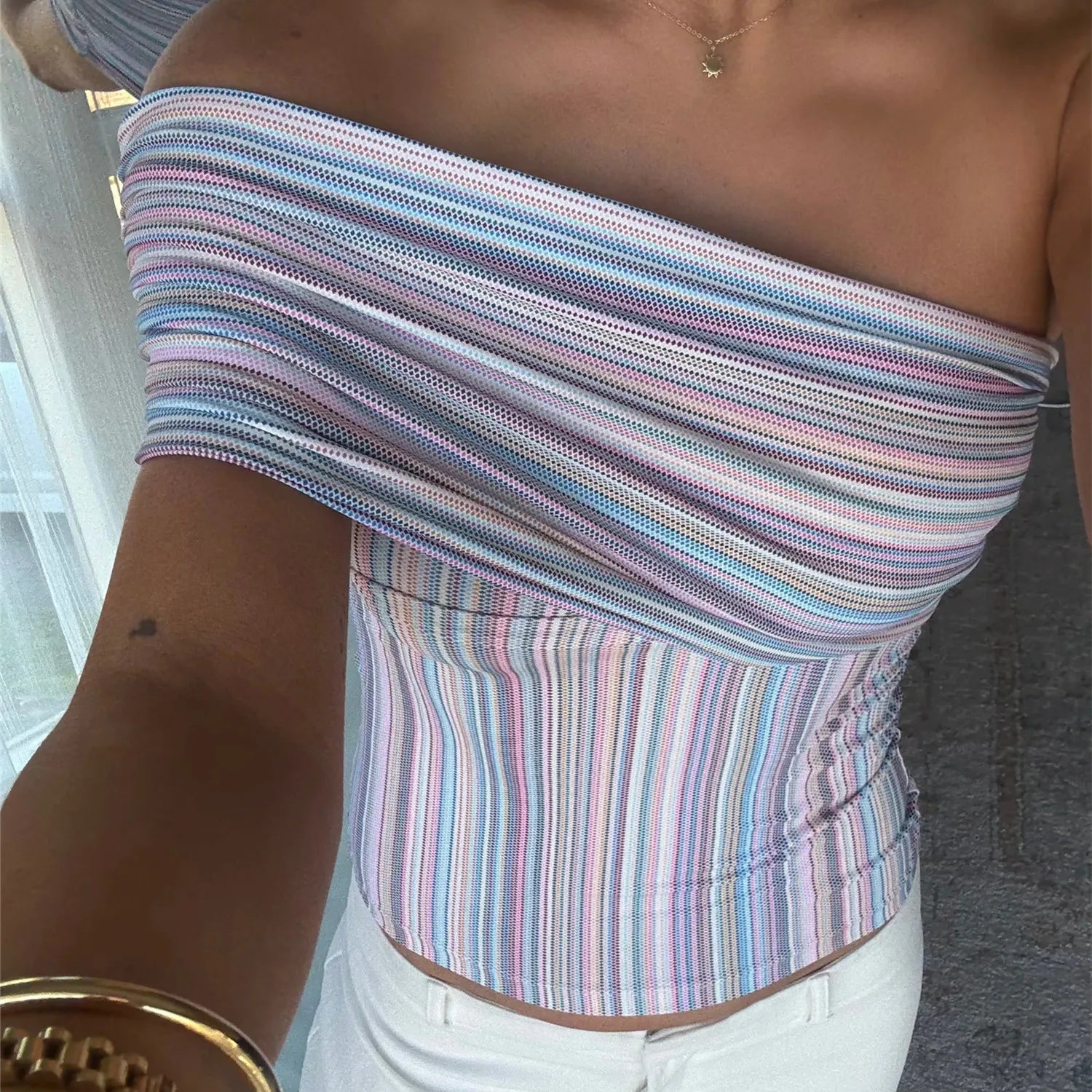 VacationGrabs Women Multicolor Striped Off-Shoulder Slim Fit Crop Top Summer Wrap Style Neckline Bandeau Backless Shirts Streetwear