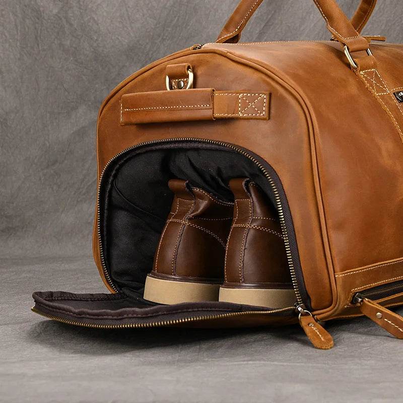 Custom Leather Travel Bag with Belt – Luxury Duffle with Shoe Pocket - VacationGrabs