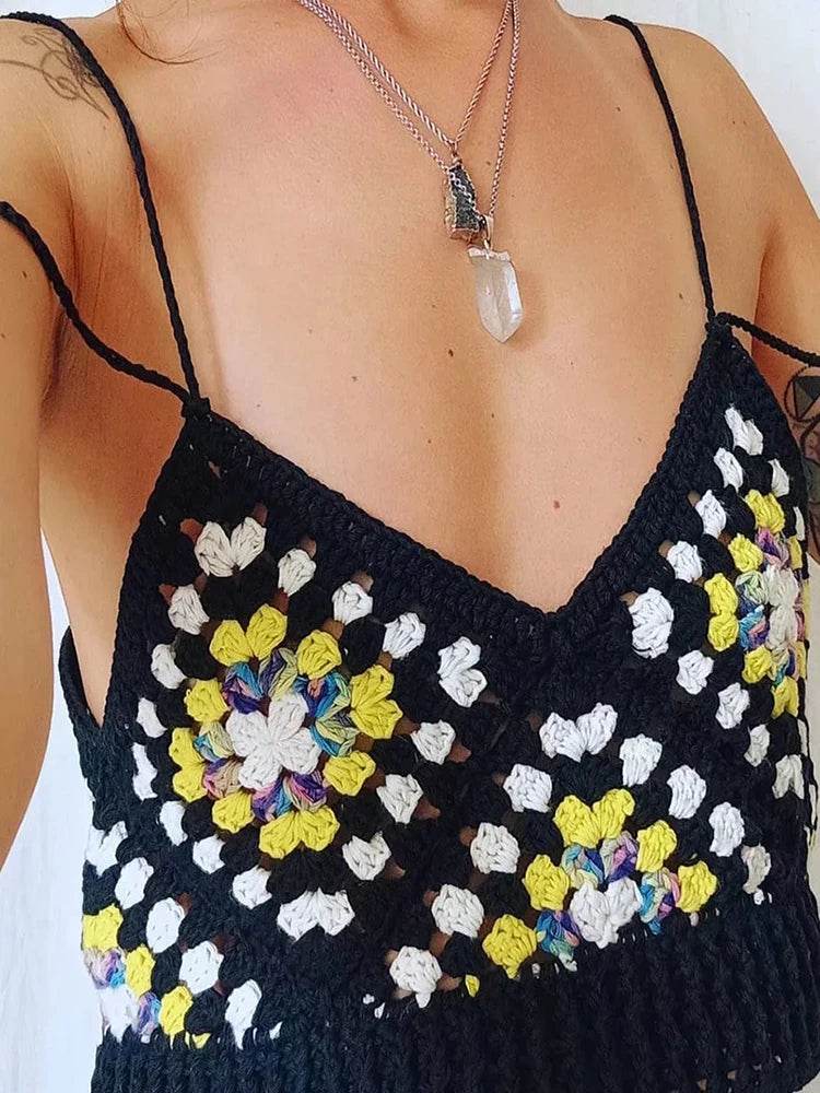 Boho Crochet Cropped Camis Tank Top Handmade Knittted - VacationGrabs