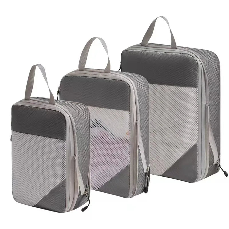 Gray compression packing cubes for travel, mesh design for easy visibility