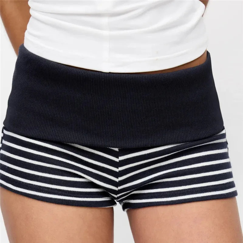 VacationGrabs Women Fold Over High Waist Striped Ribbed Knit Booty Shorts Y2K Slim Bodycon Mini Hot Pants Casual Loungewear Bottoms
