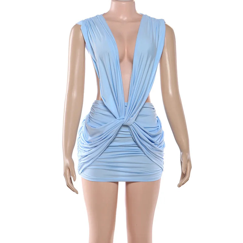 VacationGrabs Women Backless Deep V Twist Knot Bodycon Mini Dress Sleeveless Ruched Waist Cutout Slim Party Vacation Tight Dress