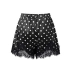 VacationGrabs Coquette Polka Dot Satin Lounge Shorts Women Eyelash Lace Hem Drawstring High Waist Loose Cute Halloween Pajama Bottoms