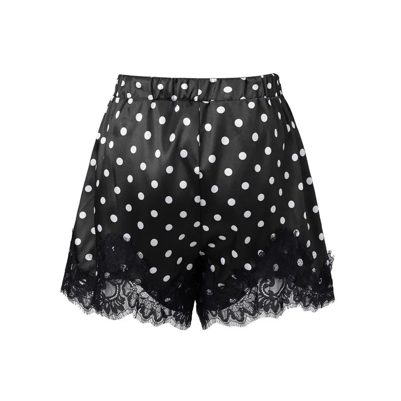 VacationGrabs Coquette Polka Dot Satin Lounge Shorts Women Eyelash Lace Hem Drawstring High Waist Loose Cute Halloween Pajama Bottoms