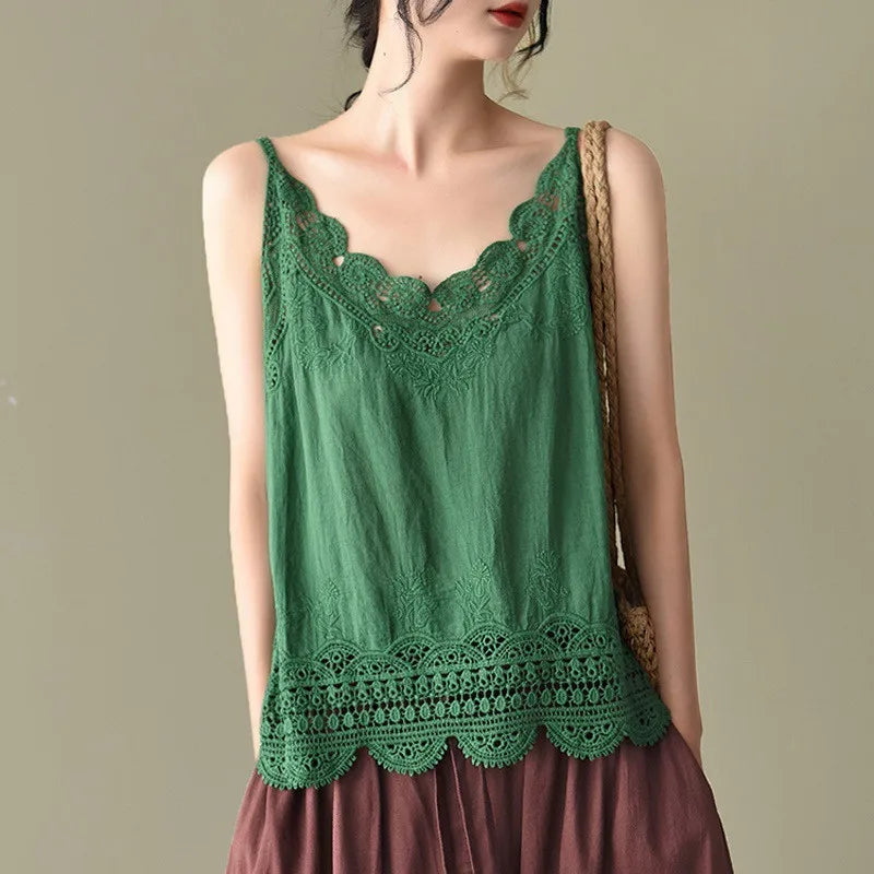 Women V Neck Camisole Loose Fit Hollowed Flower Embroidered Spaghetti Strap Cotton Linen Tops Casual Summer Streetwear