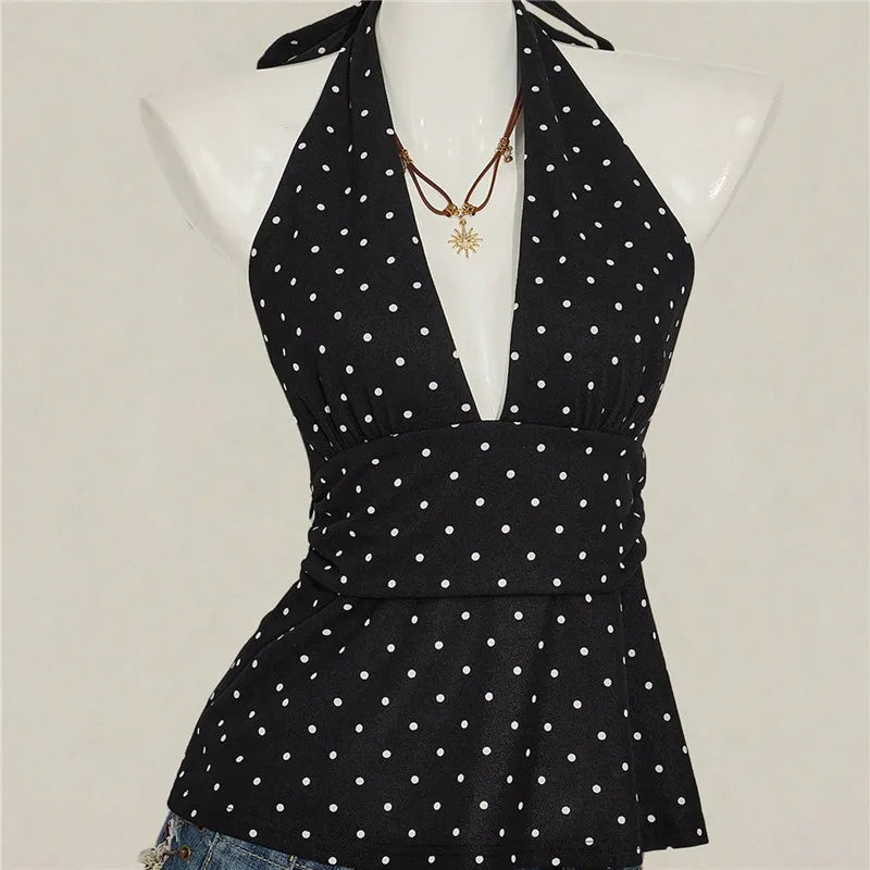 VacationGrabs Ladies Vintage Polka Dot Halter Neck Top Deep V Tie Back Sleeveless Ruched Waist Peplum Tank Top For Y2K Streetwear