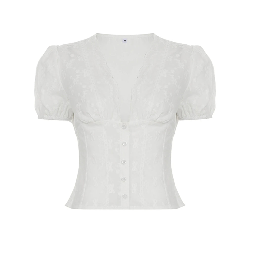 Women Lace Embroidery Slim Crop Tops Short Sleeve Deep V-Neck Button Front Tight Blouse Summer Office Shirt Cardigan