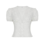 Women Lace Embroidery Slim Crop Tops Short Sleeve Deep V-Neck Button Front Tight Blouse Summer Office Shirt Cardigan