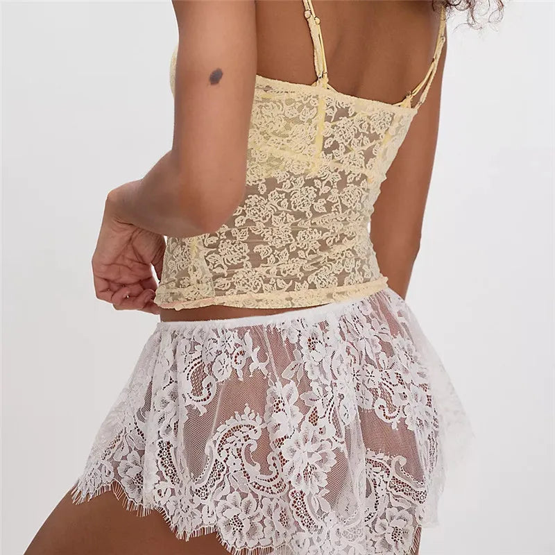 VacationGrabs Women’s Solid Color Lace See Through Shorts Casual Elastic Waist Wide Leg Lingerie Shorts Summer Lounge Bottoms