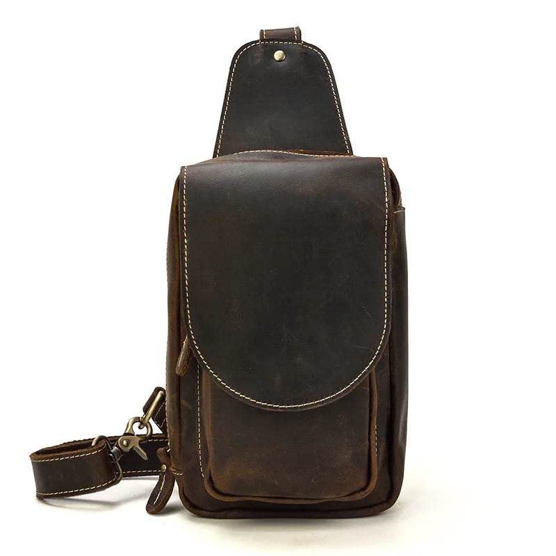 Crazy Horse Leather Men’s Chest Bag Top Layer Cowhide Sling - VacationGrabs