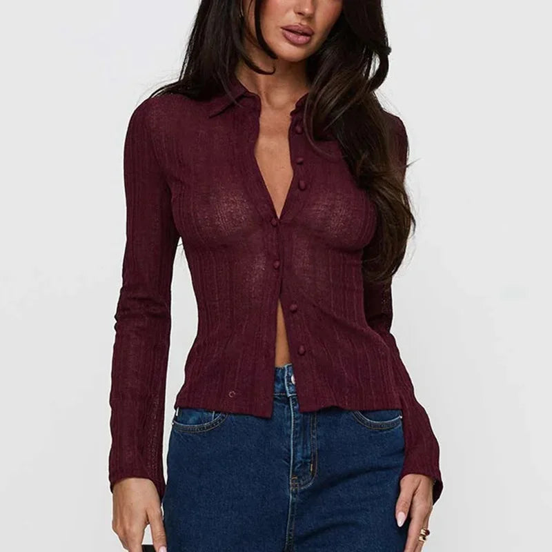 VacationGrabs Women Y2k Vintage Striped Slim Fitted Shirt Coquette Long Sleeve Button Down Collared Tee Basic Office Work Blouse