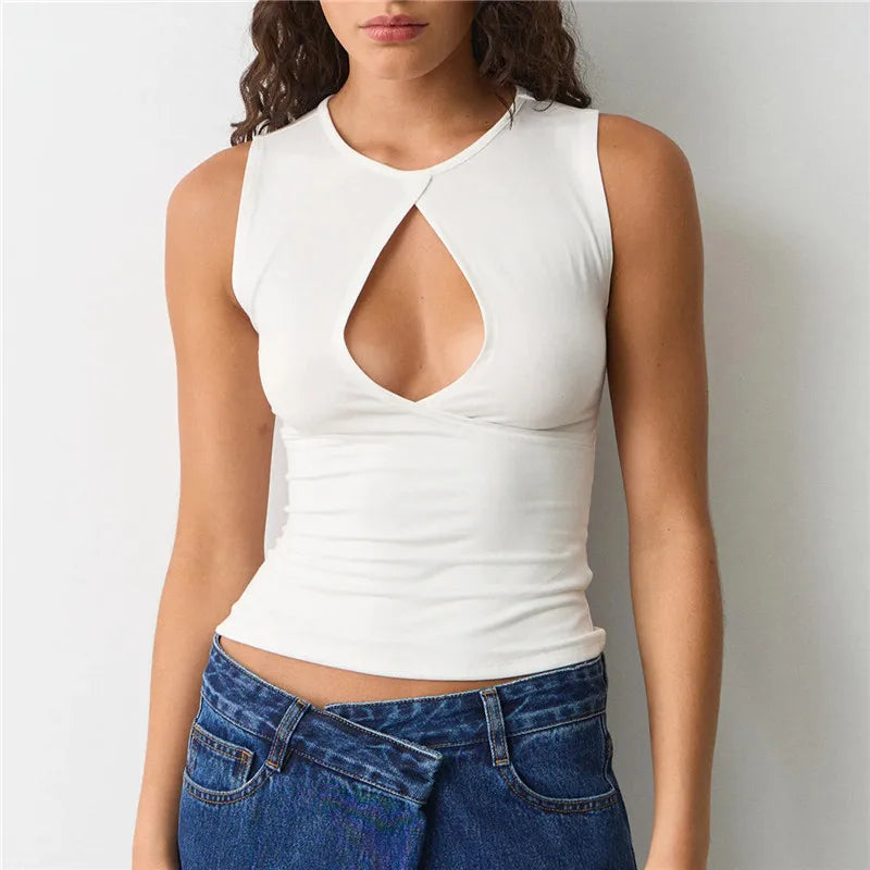 VacationGrabs Women's Summer Tank Tops Stylish Solid Color Hollow Out Design Crew Neck Sleeveless Slim Fit Vest Shirt Y2K Streetwear