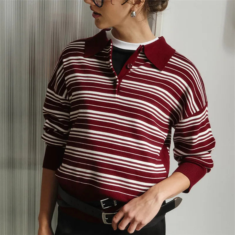 VacationGrabs Striped Sweater Women Long Sleeve Button Front Pullover Casual Crew Neck Tops Pullover Sweatshirt Fall Winter Outwear