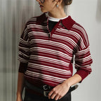 VacationGrabs Striped Sweater Women Long Sleeve Button Front Pullover Casual Crew Neck Tops Pullover Sweatshirt Fall Winter Outwear
