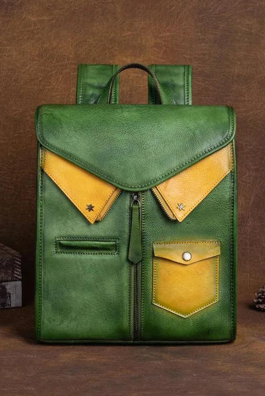  Colorful Vintage Genuine Leather Backpacks Women Travel Bags Handmade