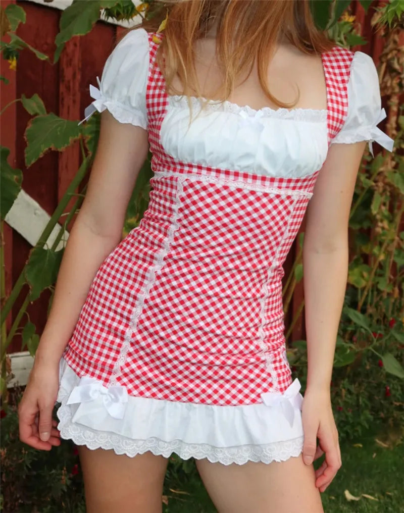 Sweet Girl Vintage Plaid vestidos para mujer Y2K Gingham Mini Dress Women Puff Short Sleeves Lace Trim Bows Babydoll Dress