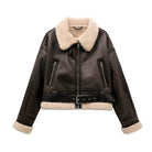 Women's Faux Shearling Vintage Jacket with Belt - VacationGrabs