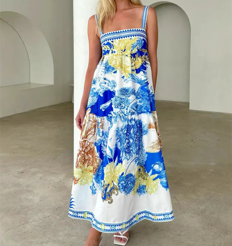 Women Boho Floral Maxi Dress Y2k Sleeveless Long Dress Print Spaghetti Strap A Line Dress Vacation Beach Sundress