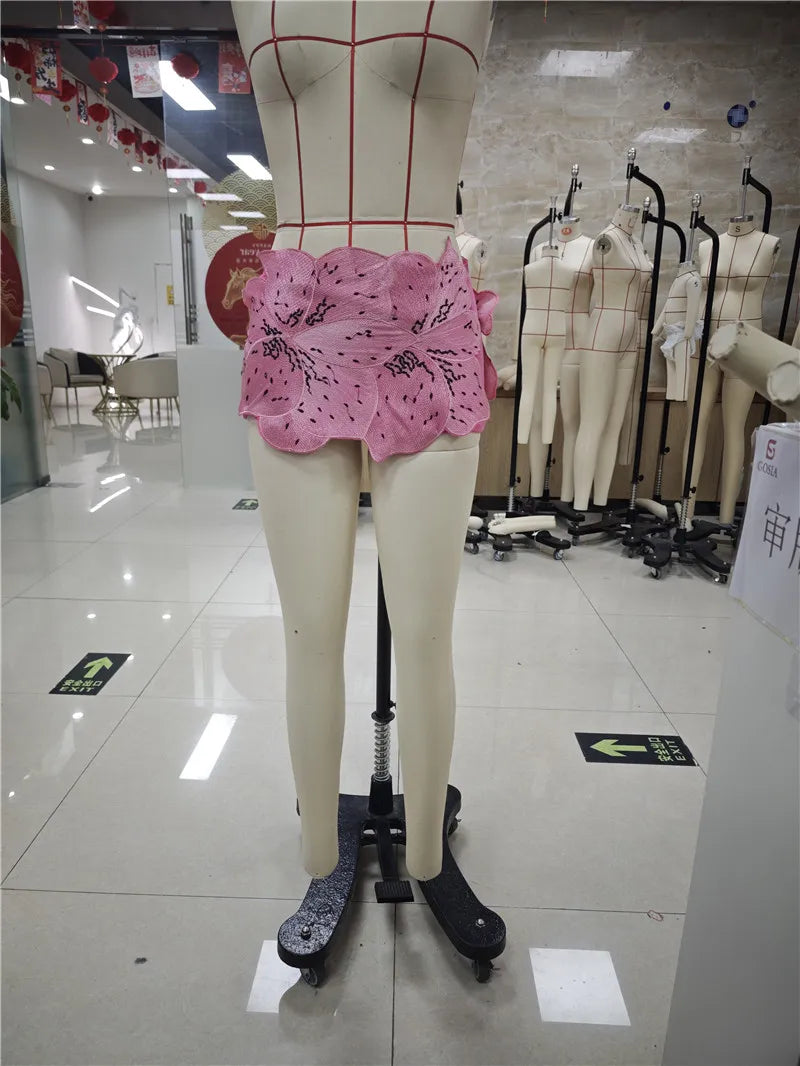 VacationGrabs Y2K Style 3D Flower Low Waist Mini Skirt Handmade Embroidery Beachwear for Women Summer Vacation Streetwear