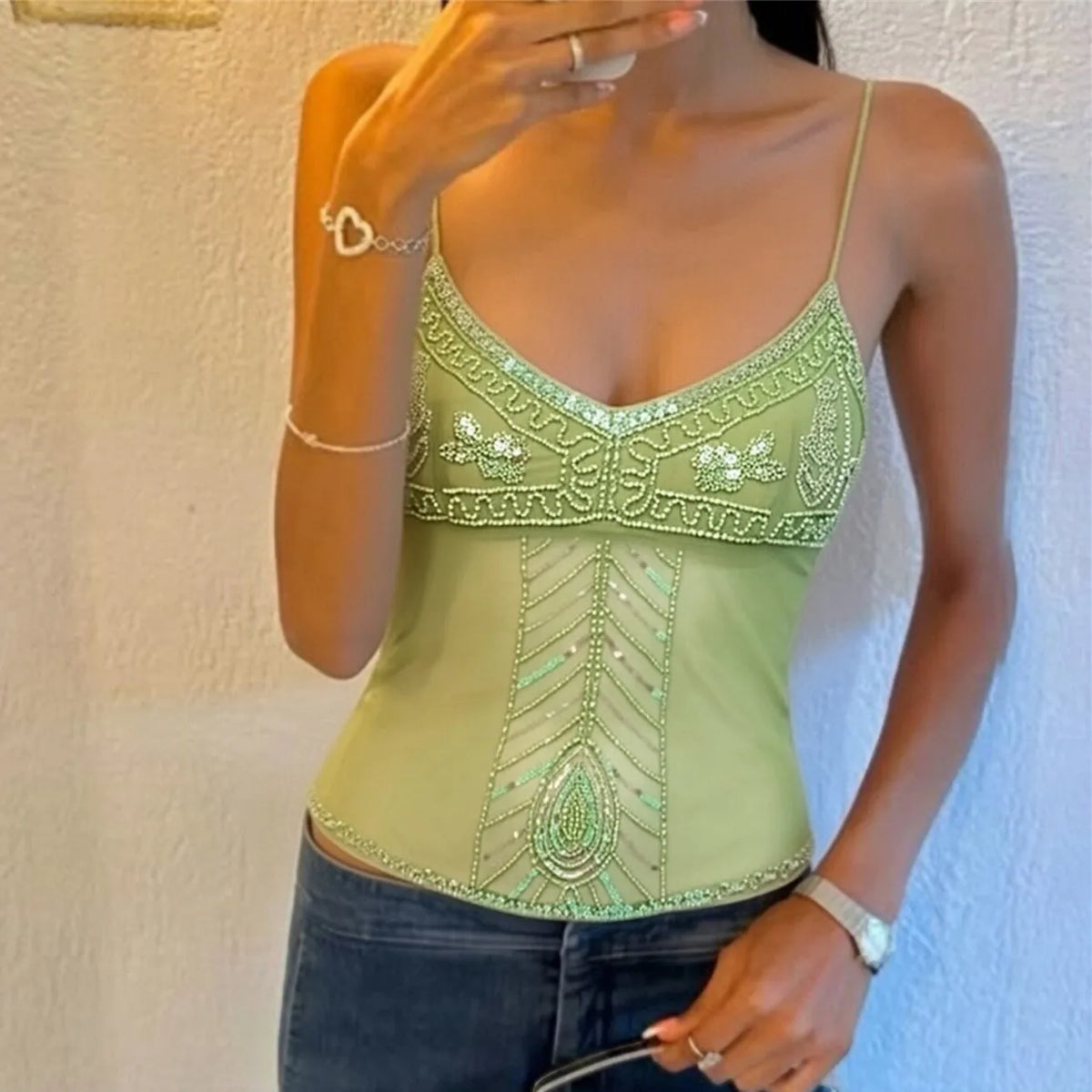 Sequin Mesh Cami Top – Sheer Backless Vacation Top