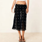 VacationGrabs Women Polka Dot Sheer Midi Skirt Sexy See Through Low Rise Long Skirt Flowy Mesh Cover Up Maxi Skirts Beachwear